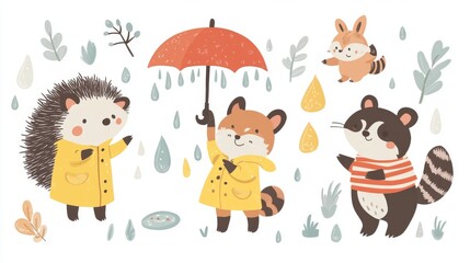 Obraz premium 68.A set of colorful flat illustrations showing a hedgehog holding a tiny umbrella, a fox in a yellow raincoat splashing in a puddle, a bear with a red umbrella, a raccoon with a striped raincoat,