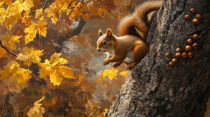 76.A vibrant autumnal setting with an Eurasian red squirrel climbing a rugged tree trunk, surrounded by golden leaves and scattered acorns, the details of its fur and whiskers clearly visible.
