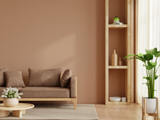 Living room interior in brown mocha mousse 2025 color with Brown sofa and decor- 3D rendering