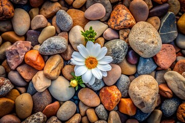 White Flower on a Bed of Rocks from Aerial Perspective
