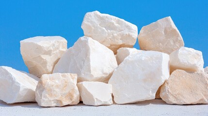 White marble rocks outdoors, sunny day, quarry background, construction material