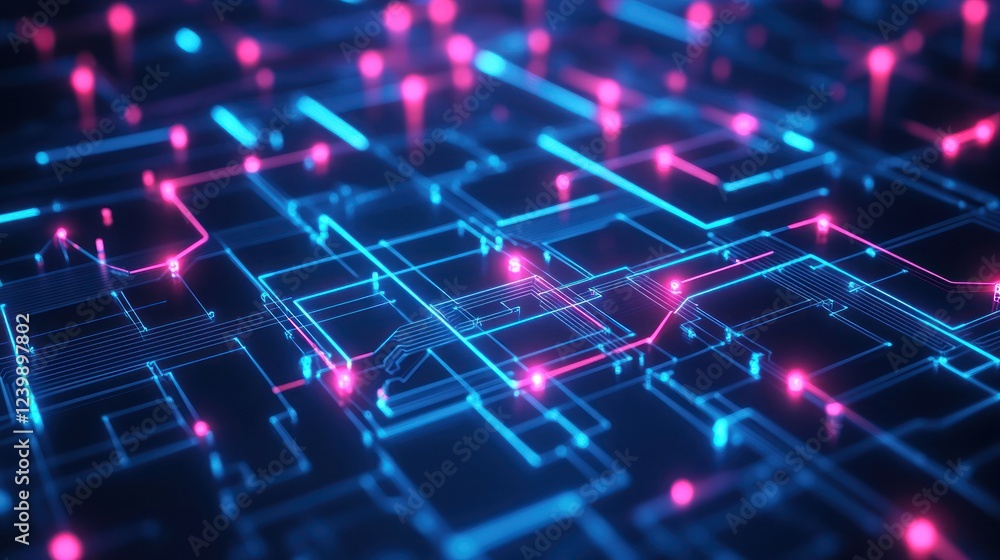 Poster glowing circuit board with red nodes for technology, communications and science use