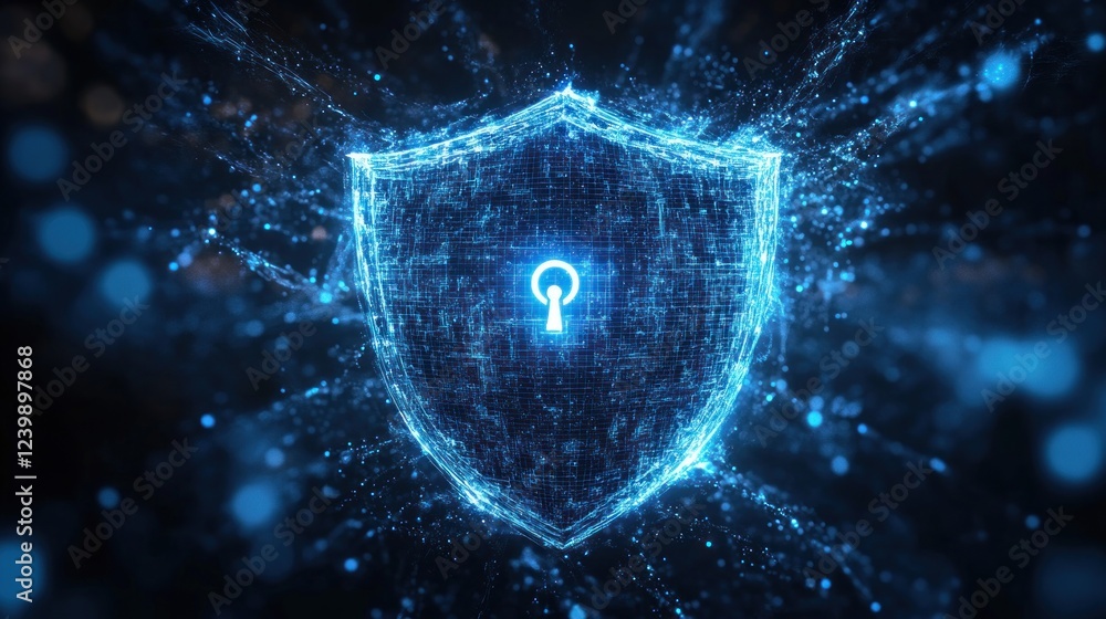 Poster digital shield cybersecurity concept with keyhole and swirling particles
