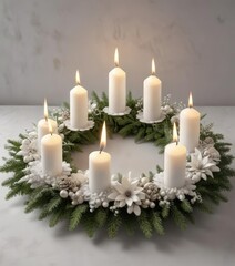 Decorative white advent wreath with unlit four candles, holiday season, decorative, holiday decor