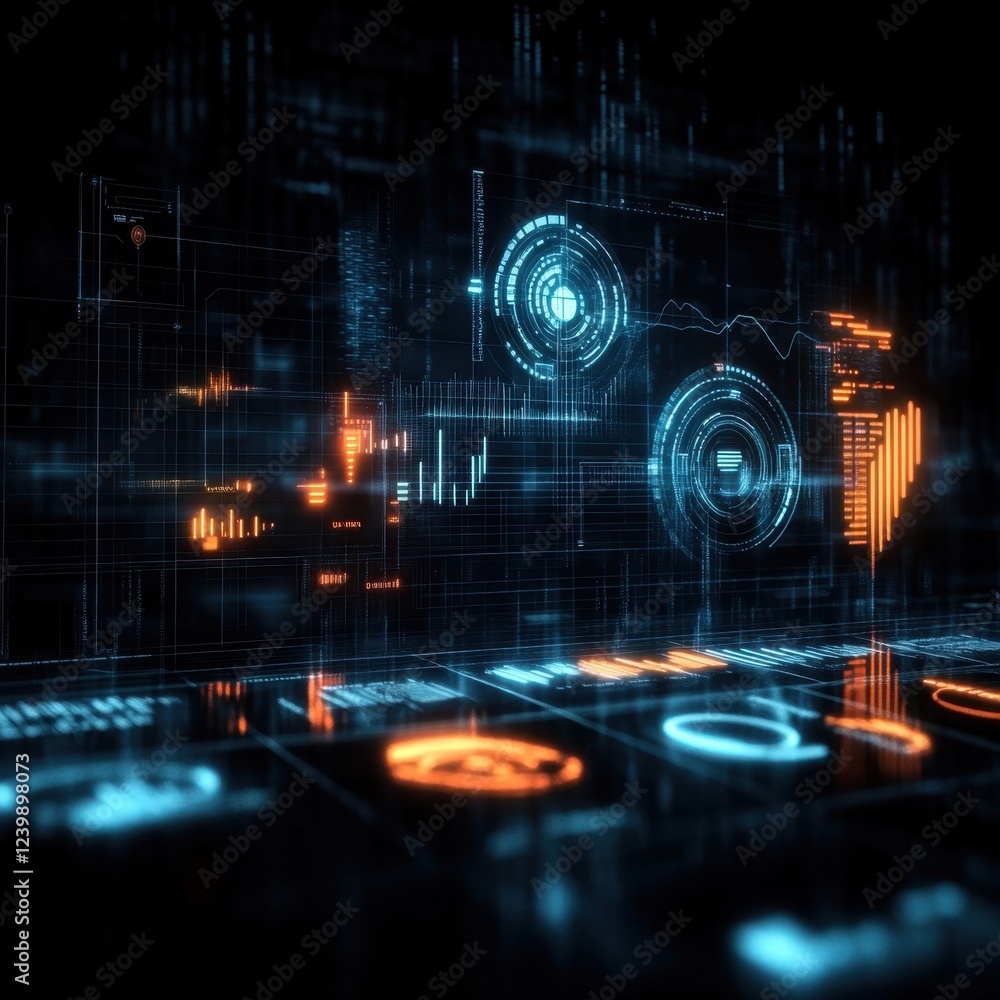 Poster futuristic digital interface with glowing data visualization and technology hud elements, perfect fo