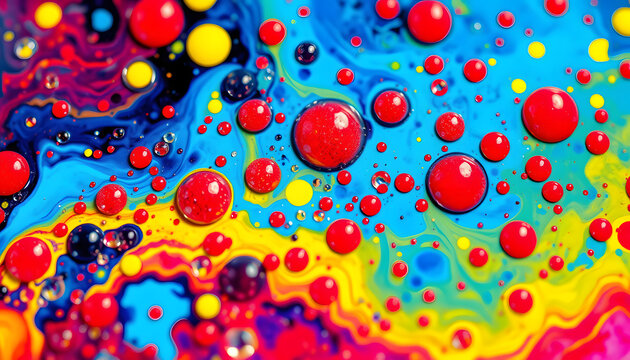 Multicolored Bubbles Of Bright Collors Moving In Paint Oil Surface Beautiful Blue Universe Of Color Slow Motion Macro Red Blue Black And Yellow, hyperrealism. isolated with white shades