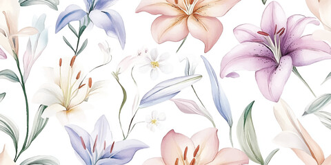 Lily flowers. Vector pastel floral seamless pattern for decorating all fashion designs, fabrics, wallpapers and prints. on a white background