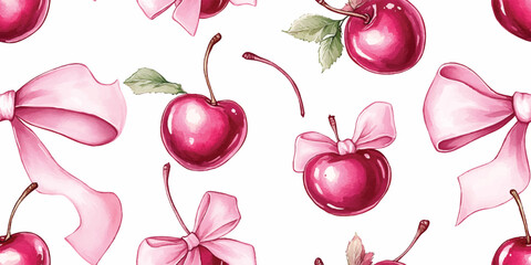 Seamless cute summer cherry pattern with summer berries, fruits, leaves, bows, white background. Vector illustration spring cover, wallpaper texture, wrapping backdrop, vintage packaging