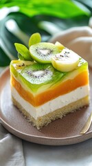 Tropical fruit cake with layers of kiwi, guava, and lychee on an earth-toned dish, showcasing reflections and textures