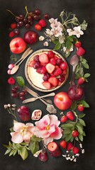 Delightful layered fruit cheesecake served in vintage dish with eco-friendly accents and dark backdrop