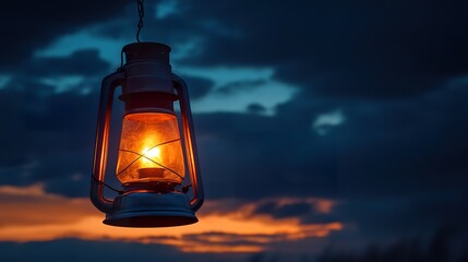 Burning oil lamp at sunset, dark clouds, hope, outdoors,  atmospheric mood, ideal for travel blogs
