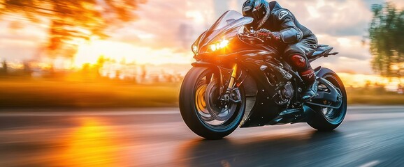 Dynamic Motorcycle Racing Adventure on an Empty Road at Sunset