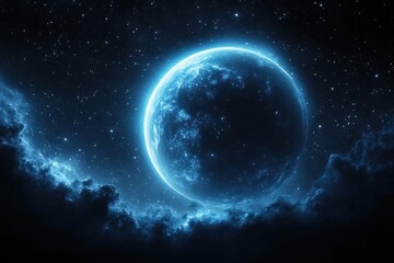 Obraz premium Glowing Blue Planet in Cosmic Space with Ethereal Nebula and Twinkling Stars