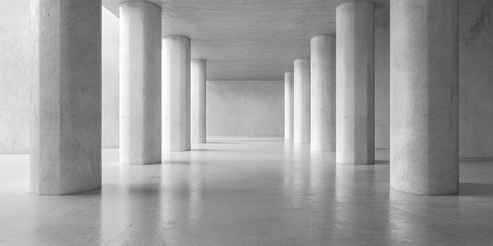 Modern concrete room with high-contrast lighting and vertical pillars creating a tranquil minimalist space