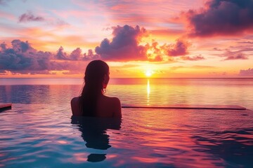 Fototapeta premium Sunset Tranquility Woman Silhouette Infinity Pool Ocean Reflection Paradise Travel Destination
