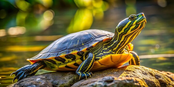 Yellow-bellied Slider Turtle Sunbathing on a Rock