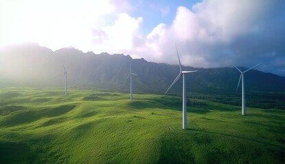 renewable or green energy technology concept picture of futuristic wind turbines power station.