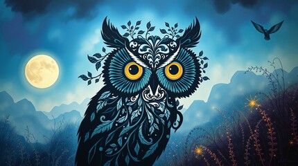 An oil painting featuring a surrealistic, big-eyed owl 