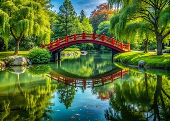Zagreb Botanical Garden Serenity: Japanese Bridge Over Lush Lake