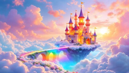 Magical Rainbow Bridge to Fairytale Castle in Clouds