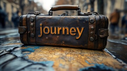 A suitcase with the word Journey written on it