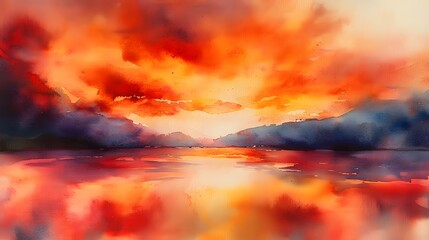 Naklejka premium Fiery Sunset Over Calm Water Landscape Painting