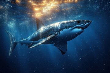 Fototapeta premium Great White Shark Majestic Predator Swimming in Deep Blue Ocean Underwater
