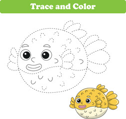 Handwriting Practice. Tracing lines and coloring puff fish for children. Vector Illustration