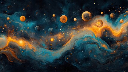 Fototapeta premium Abstract cosmic art with swirling nebula and planets.