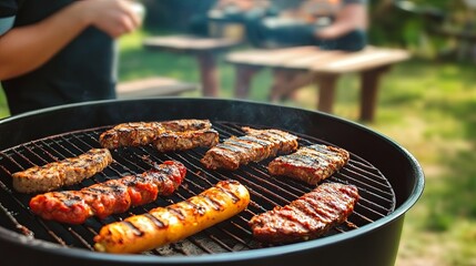 Family Gathering for Barbecue in Outdoor Park, Enjoying Leisure Time with Grilling, Smiling Friends and Relatives, and Delicious Food on a Sunny Day
