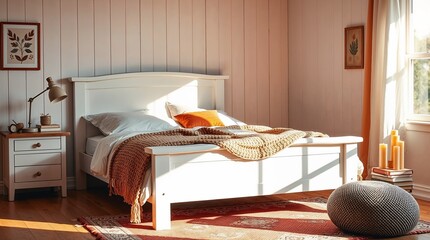 Obraz premium Sunlight illuminating cozy bedroom with white wooden bed and knitted blanket