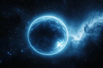 Obraz premium Glowing Blue Planet in Cosmic Space with Ethereal Nebula and Stars