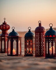Obraz premium Ornate lanterns illuminating the desert sands at sunset during ramadan