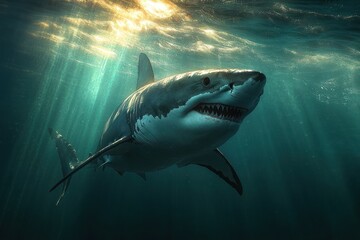 Fototapeta premium Great White Shark Swimming Underwater Majestic Predator Chiaroscuro Ocean Life
