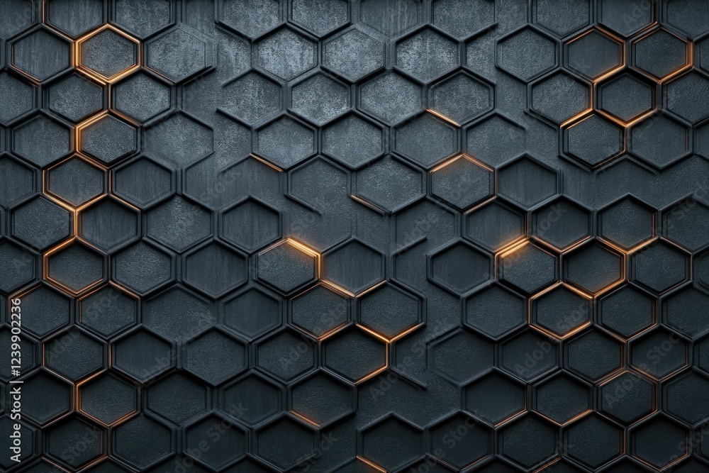 Poster modern hexagonal pattern background with high contrast lighting in dark grays and metallic hues
