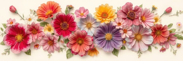 Floral painting of vibrant blooms on a soft beige background, vibrant, soft, background