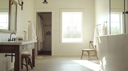 Sunlit farmhouse bathroom with wooden vanity, freestanding tub, and window.