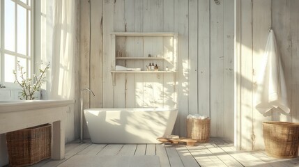 Sunlit minimalist bathroom with white wood walls, freestanding tub, and natural elements.
