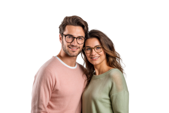 Portrait of a a happy couple smiling together and wearing glasses, isolated on transparent background