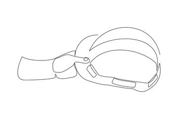 Continuous single line sketch drawing of hand holding safety helmet hardhat engineer architect head protection. One line art industrial equipment professional work vector illustration