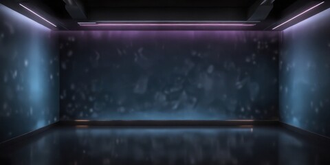 Empty Room with Glowing Neon Lights and Dark Walls Ideal for Product Placement or Digital Art Presentation