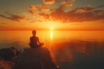 Woman meditates on rocks at sunset, ocean background; wellness