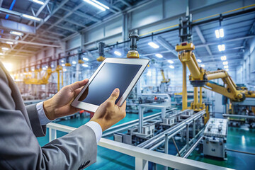 Factory worker using tablet, robotic arm background, industrial automation, production monitoring