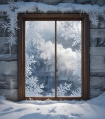 Frosty Window with Snowflakes and Icy Patterns, white background, icy patterns, frosty window, calm