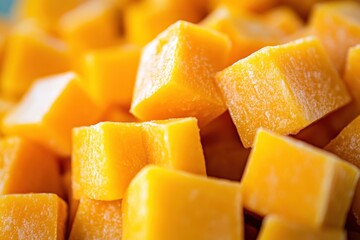 Close-up of frozen mango cubes, glistening. Perfect for food blogs, recipes, or mango product ads.