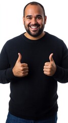 Fototapeta premium Happy Man Giving Two Thumbs Up, Positive Gesture, Studio Portrait, Smiling Face, Approval Sign, Success Expression, Good Mood, Black Sweater, Casual Style.