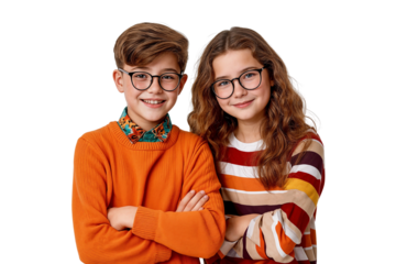 Portrait of a young boy and a girl smiling together, friendship concept, isolated on transparent background