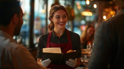 Female waitress in a restaurant taking food order 