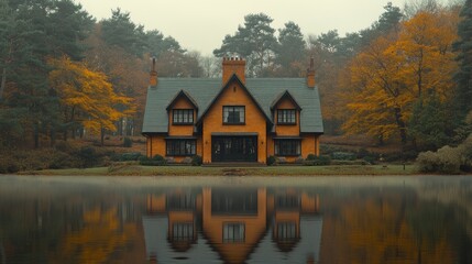 Obraz premium Autumn house lake reflection misty woods