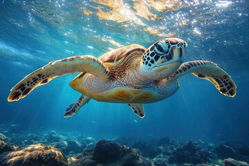 Fototapeta premium Majestic Sea Turtle Swimming in Vibrant Blue Ocean Water Under Sunlight